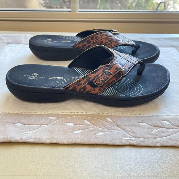 Clarks Cloudsteppers 6 Sandals Thong Animal Leopard Print Black Tan Brown - Picture 4 of 12